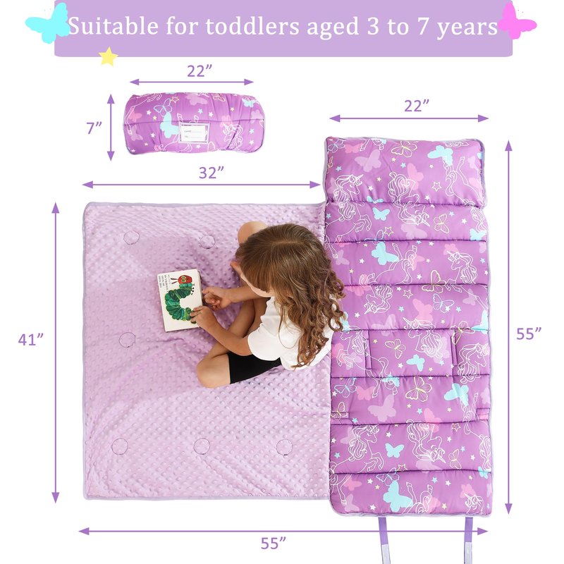 Toddler Nap Mat for Preschool 50''x30'' Sleeping Mat with Removable Pillow and Minky Blanket for Kids Ages 3-7 Roll Up Soft Sleeping Bag for Boys Girls Kindergarten Daycare Sleepover - Purple Unicorn