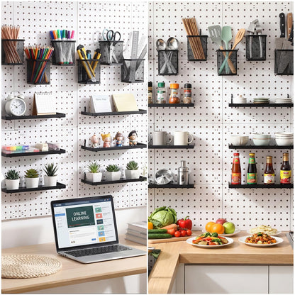 Tosstuki 12 Pack Pegboard Organizer Accessories - 6 Pegboard Cups Pencil Holder Peg Board - 6 Shelves Metal Shelf Brackets - Tools Storage Arrange System Kit for Office Garage Room