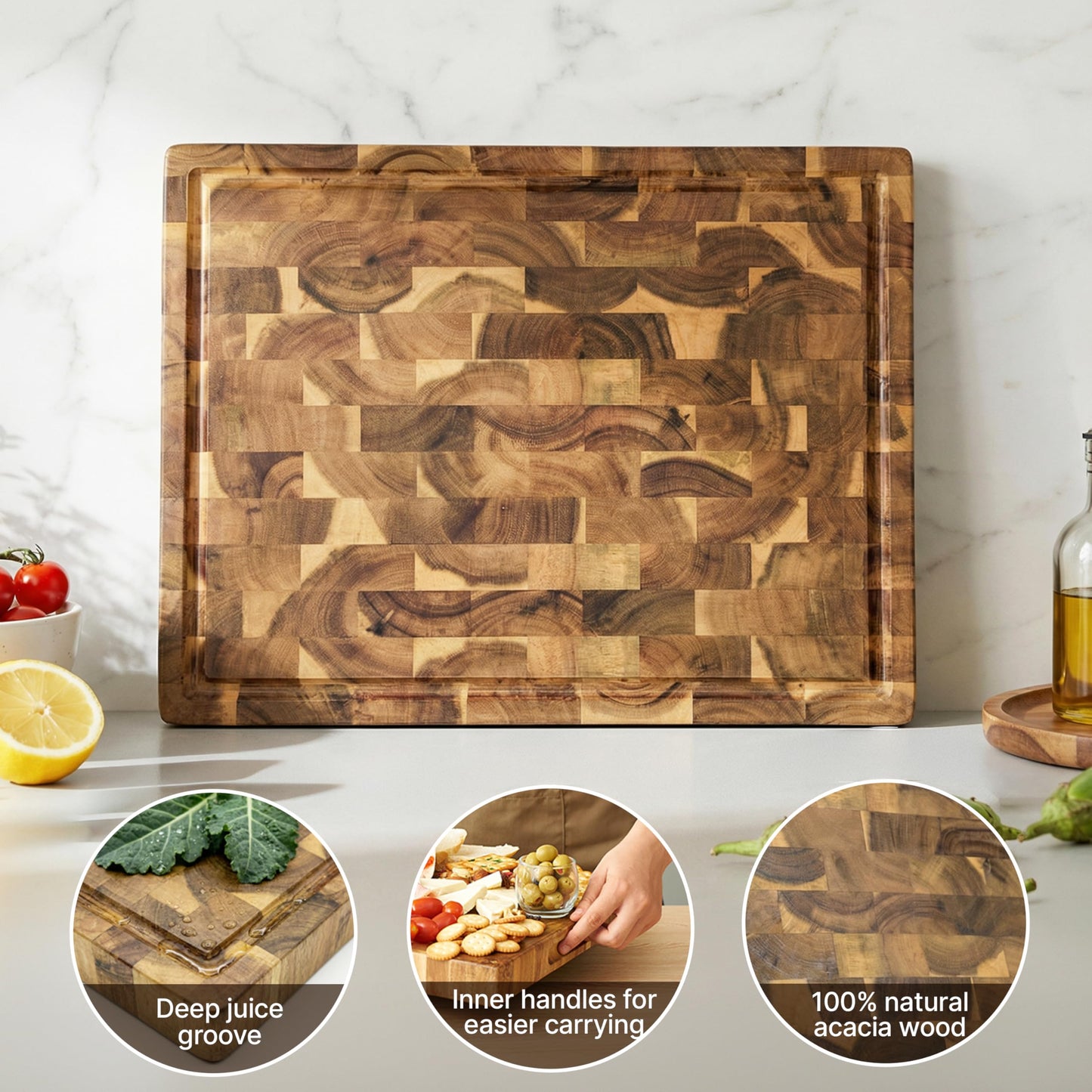 Koppen Acacia Wood End Grain Cutting Board, Knife-Friendly Butcher Block with Juice Groove, Inner Handles & Food Well, Reversible Heavy-Duty Serving & Chopping Board, Gift Box Included, 17x13x1.5 in