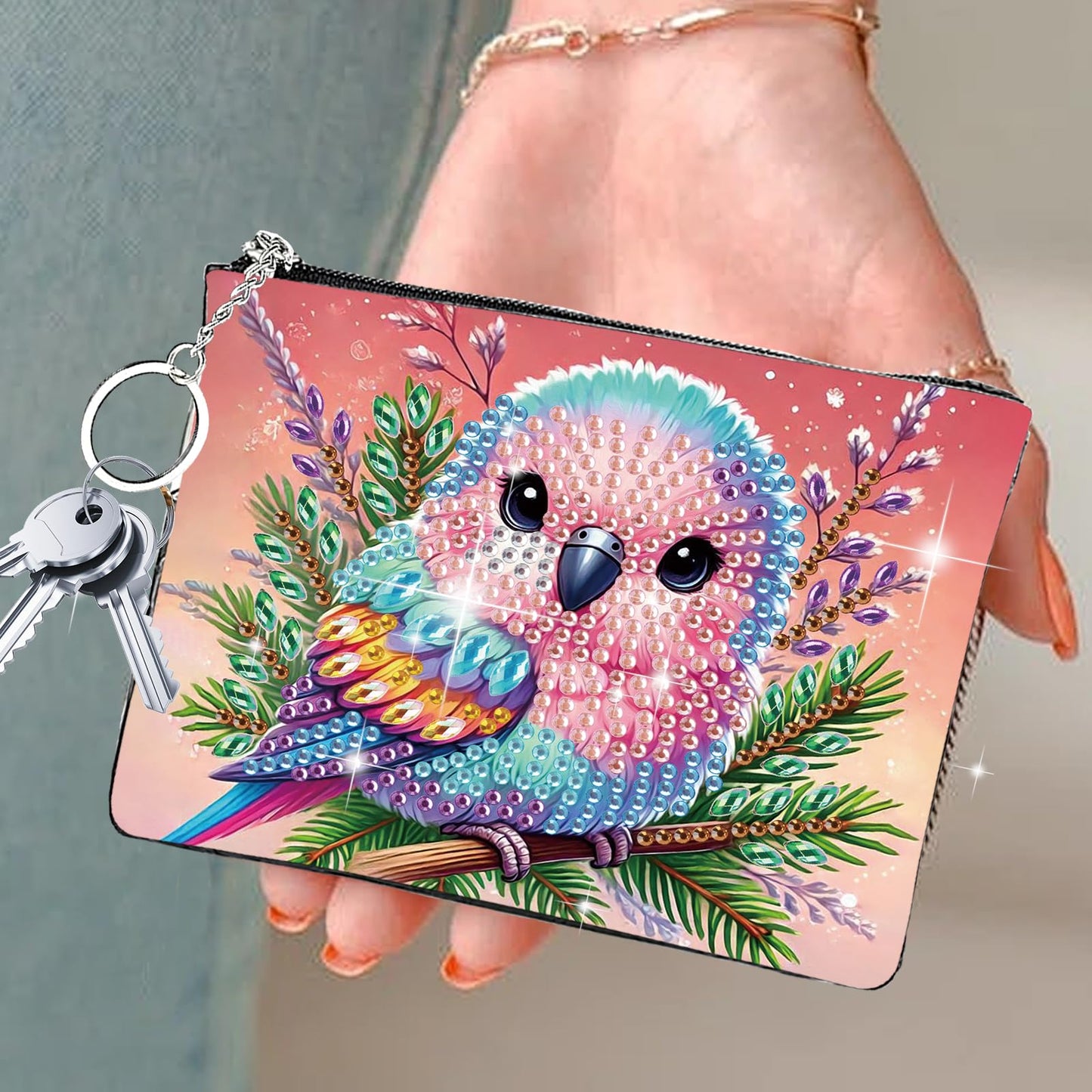 JZHYOAN Animal Diamond Painting Small Coin Purse for Women DIY Bird Coin Pouch Coin Purse with Zipper and Keyring Diamond Art Purses and Wallets Gem Art Handbags Wallet Keychain for Cards Keys Craft