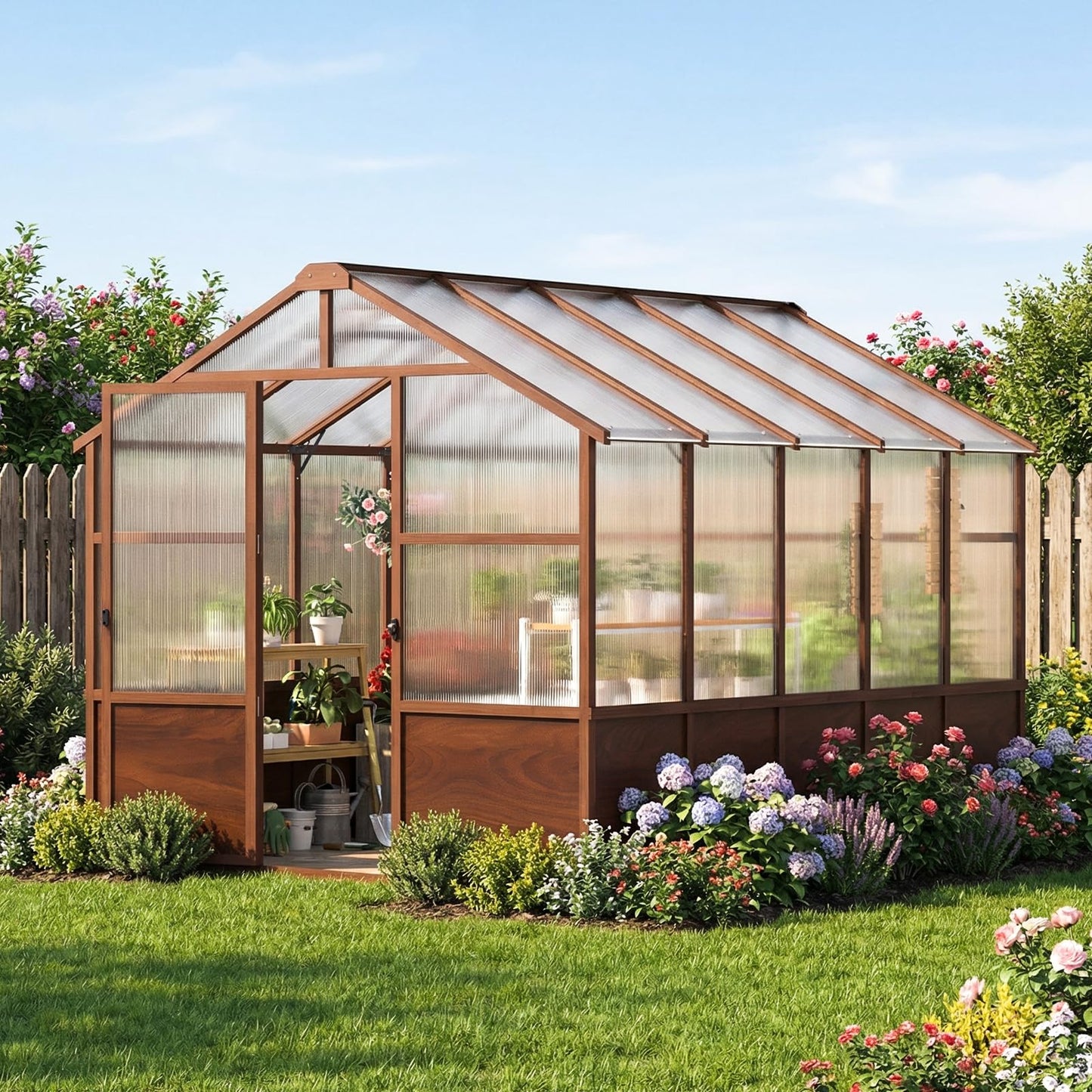 Jocoevol 8x10FT Greenhouse for Outdoors, Wooden Frame Polycarbonate Green House w/ Adjustable Roof Vent and Lockable Door Handle, Walk-in Greenhouses for Outside Garden Backyard