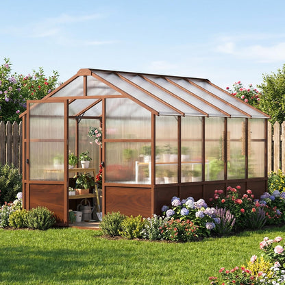 Jocoevol 8x10FT Greenhouse for Outdoors, Wooden Frame Polycarbonate Green House w/ Adjustable Roof Vent and Lockable Door Handle, Walk-in Greenhouses for Outside Garden Backyard