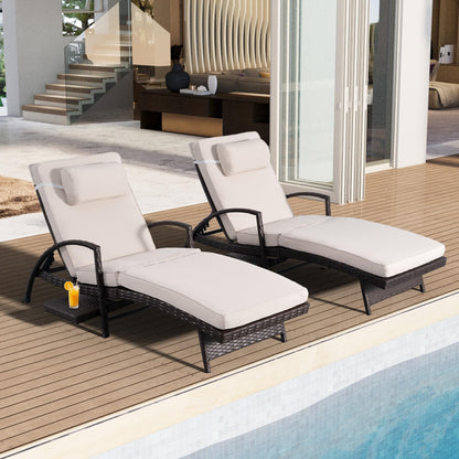 Chaise Lounge Chairs Set of 2, 6-Position Adjustable Outdoor Recliner with Side Table & Wheel,All-Weather PE Rattan Wicker Patio Lounge Chair With Removable Cushion for Poolside Backyard Beach (Beige)