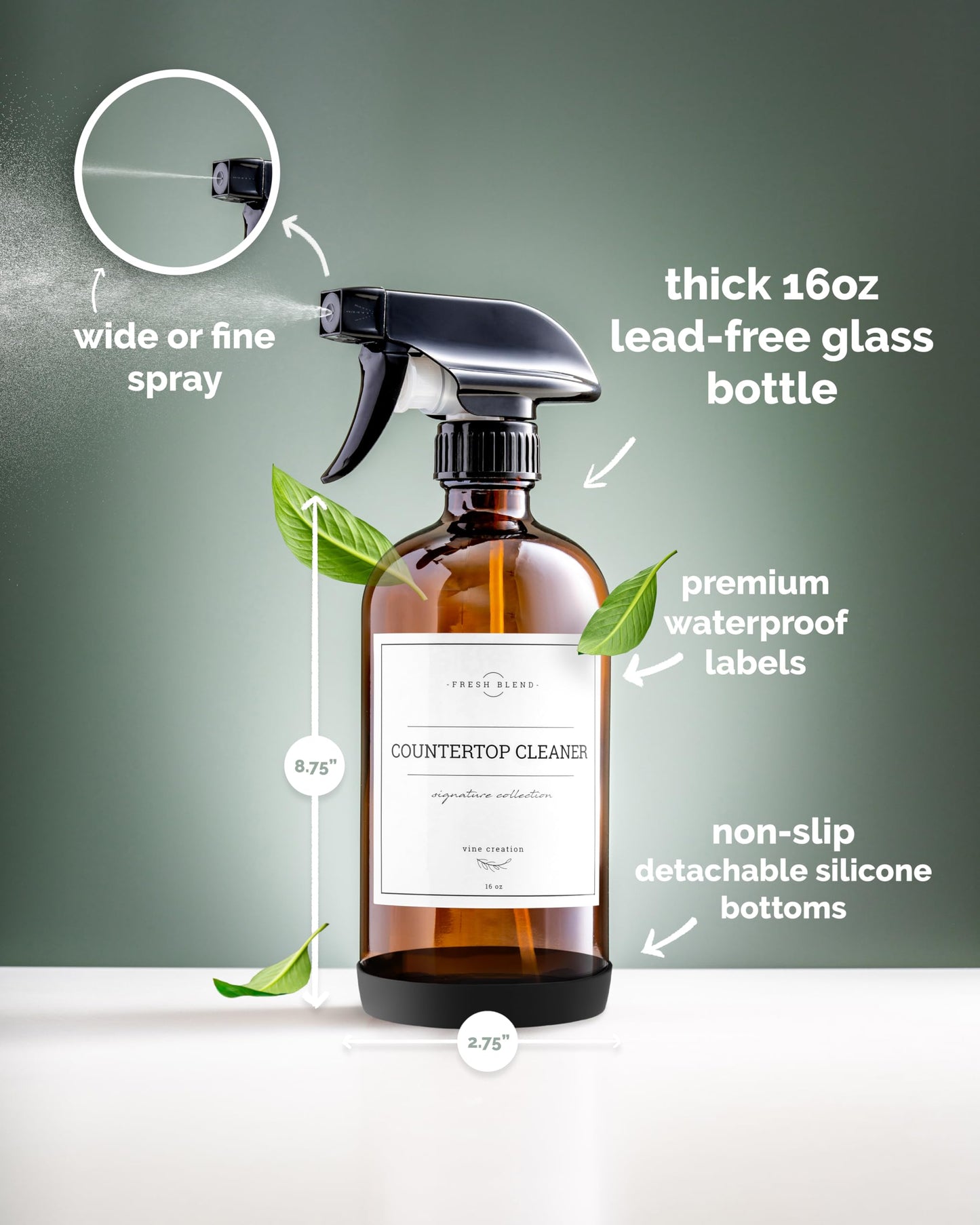 Vine Creations Amber Glass Spray Bottles, 2 Pack Glass Refillable Bottles for Cleaning solutions, 16 oz Spray Bottle for Cleaning, Mister Spray Bottle, Amber Spray Bottles with Waterproof Labels