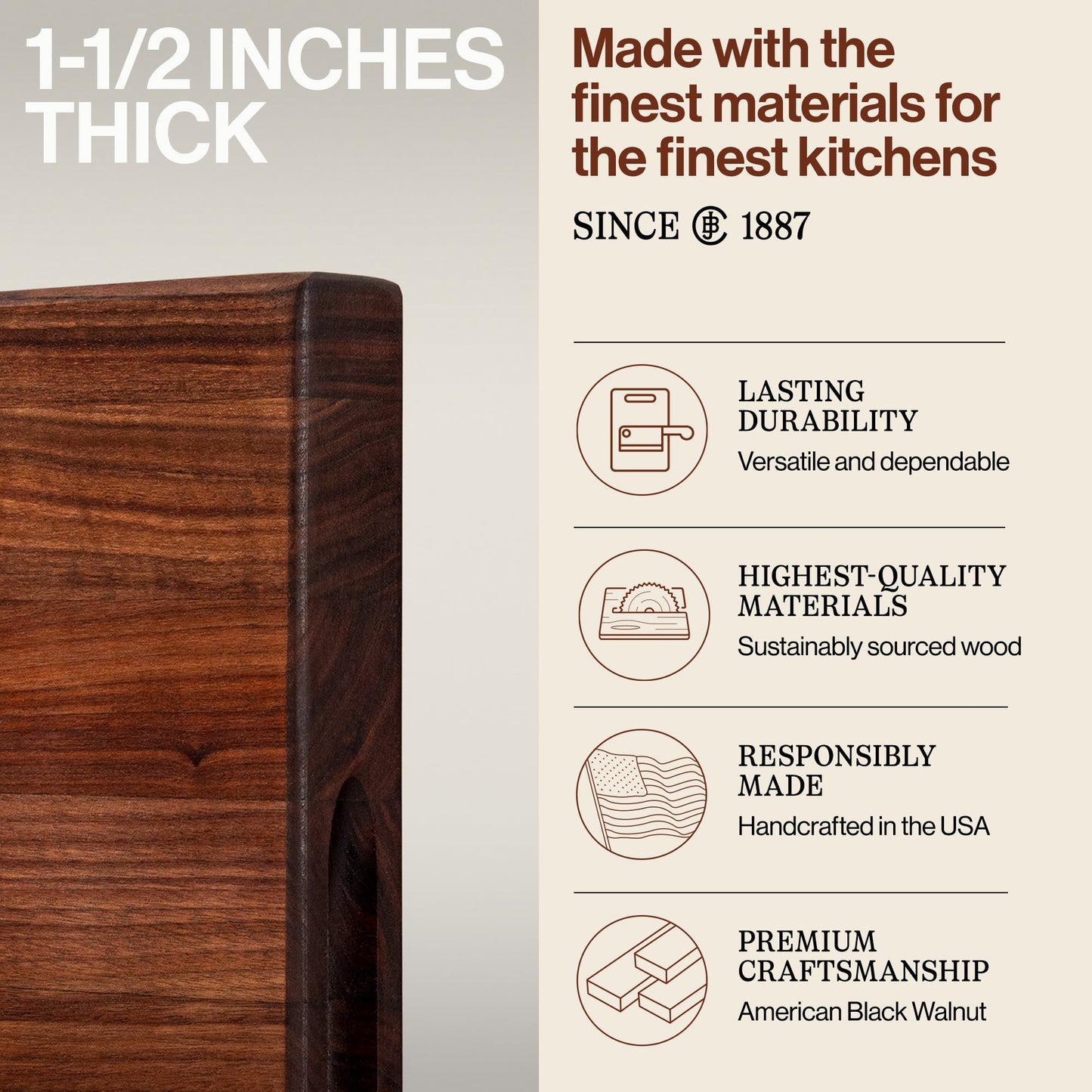 John Boos R-Board Series Rectangular Wooden Walnut Cutting Board 20”x15” – 1.5” Thick, 12-lb Reversible Butcher Block with Edge-Grain & Finger Grips – Made in the USA