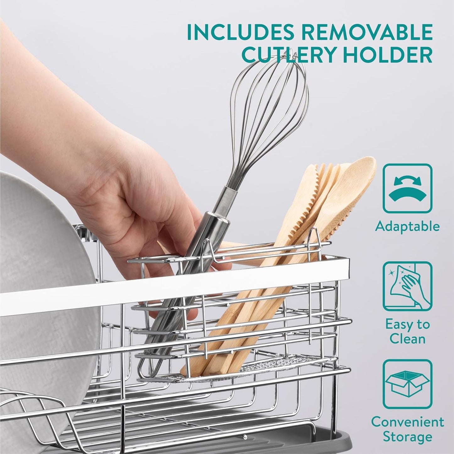 Navaris Compact Dish Rack with Drip Tray & Cutlery Holder, Easy to Assemble and Clean, Silver