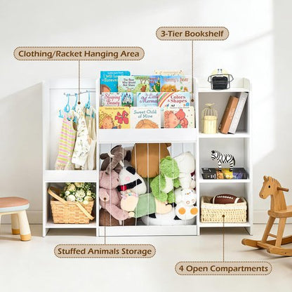 Kids Toy Storage Organizer with Bookshelf, Toy Shelf with 4 Open Cubbies, Clothing/Racket Hanging Hook Area & Stuffed Animal Cage, Large Wooden Organizer Storage Chest for Playroom Bedroom Nursery