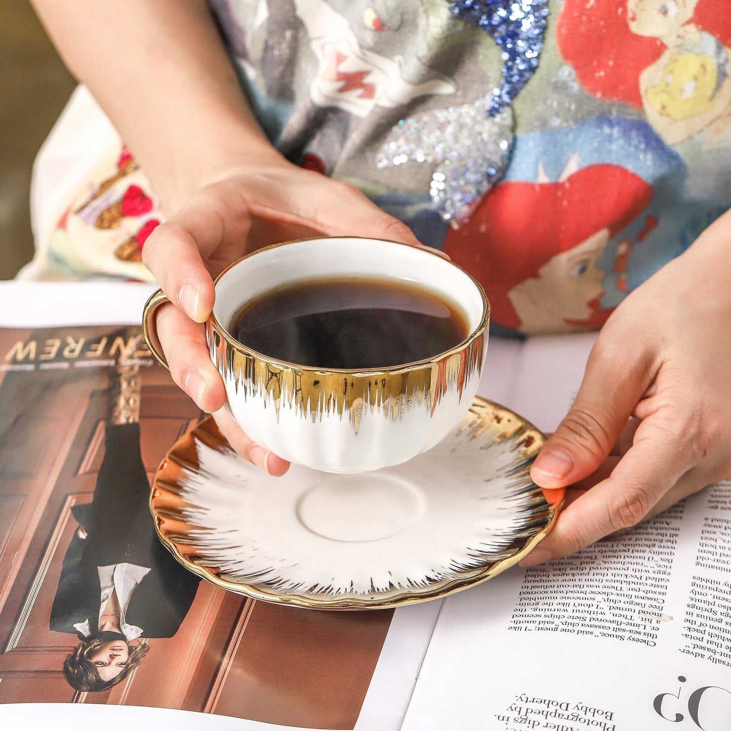 LETAOTAO Cappuccino Cups with Saucers, 7 oz Porcelain Double Espresso Cups Set, Ceramic Turkish Coffee Cups with Gold Trim, Tea Cups Set of 6, Cafe Cups for Latte, Mocha, Au Lait, White