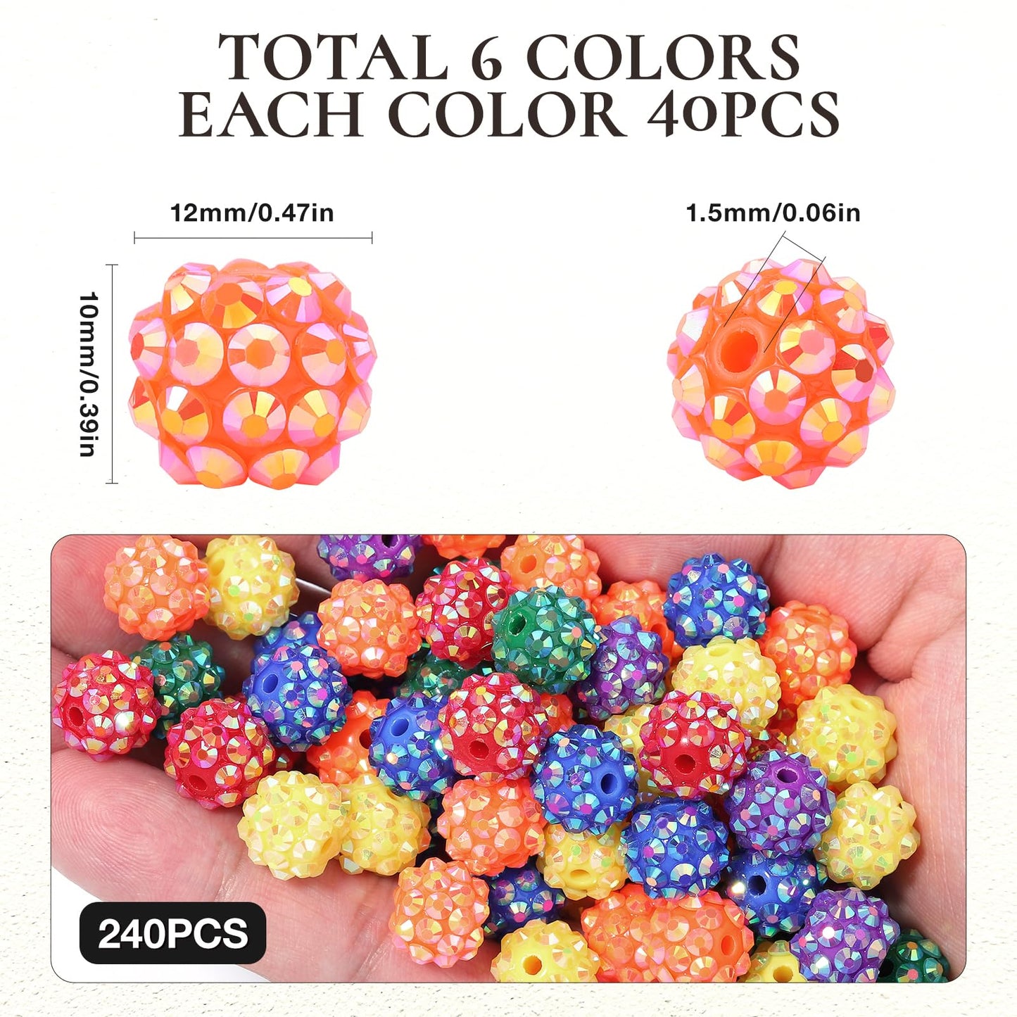 novani 240pcs 10mm Rainbow Rhinestone Beads for Jewelry Making, Resin & Clay Material, Round Shape, Loose Beads