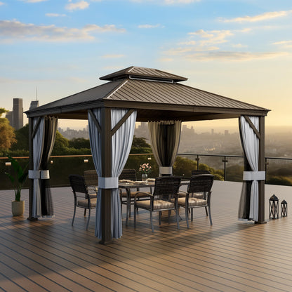 PAMAPIC 10x12FT Premium Hardtop Gazebo, 2-Tier Galvanized Steel Roof with Aluminum Frame, UV-Proof Curtains & Mosquito Netting, All-Weather Outdoor Pavilion for Backyard, Garden & Parties,Brown