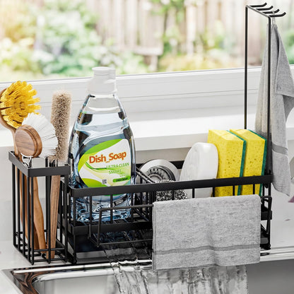 Sponge Holder for Kitchen Sink – Rustproof Stainless Steel with Detachable Drainboard, Brush Rack & Towel Bar | Compact, Non-Slip Design for Countertop Bathroom