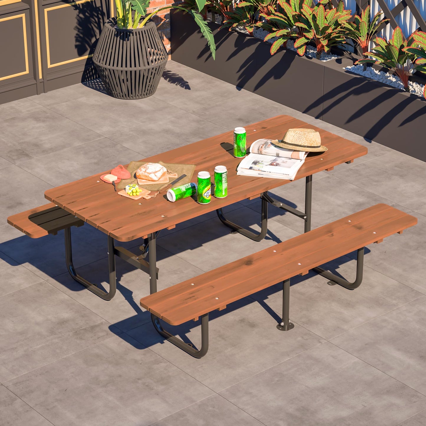 72" Rectangular Outdoor Picnic Table for 6 Person,Heavy Duty Wooden Dining Set with Built-in Benches, 1.97" Umbrella Hole, Waterproof&Corrosion-Resistant, Ideal for Garden, Backyard, BBQ,Courtyardfa