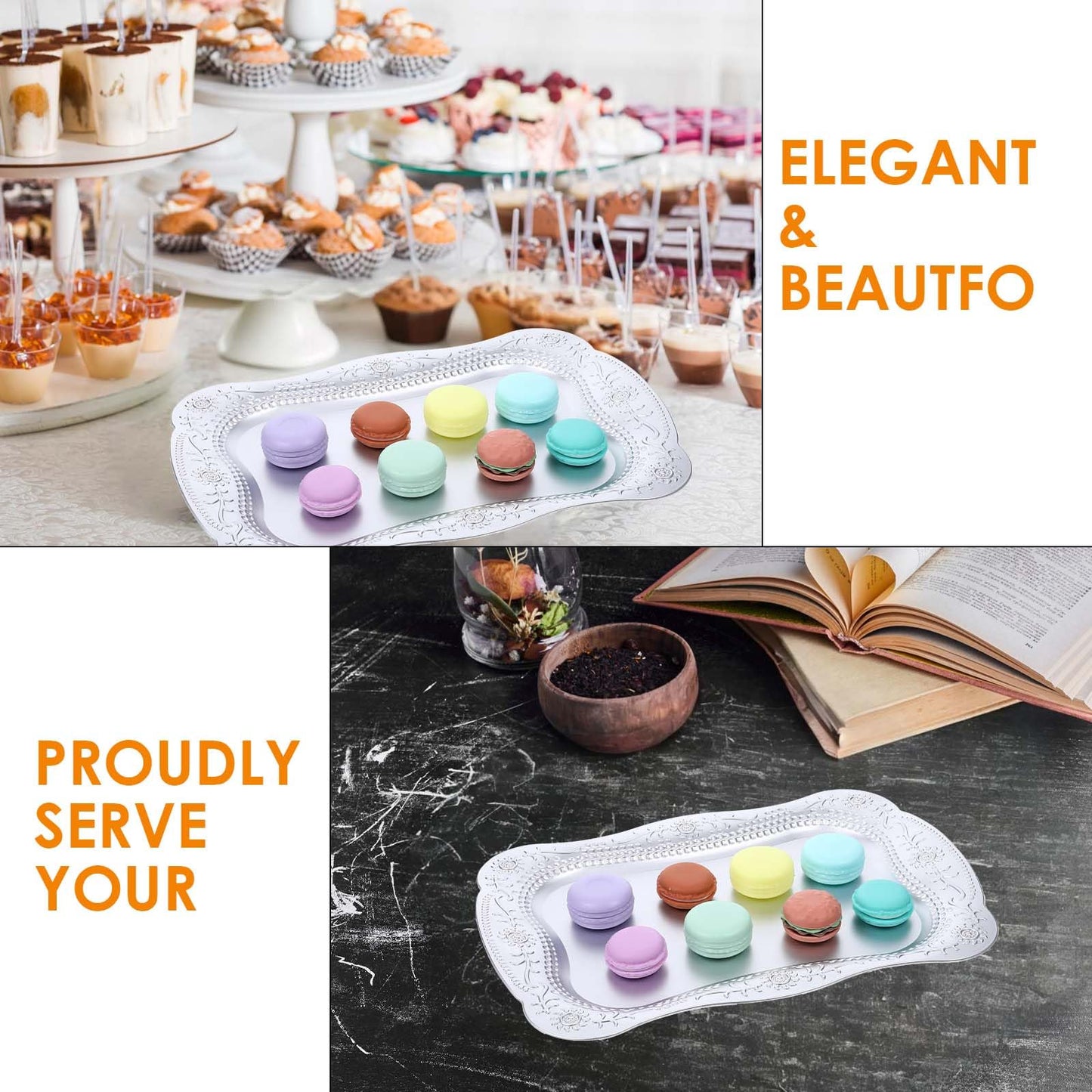10 Pcs Plastic Serving Trays Rectangle Platters for Dessert Display Tray for Decoration Embossed Serving Platter Dish for Parties, Weddings, Engagements, Birthdays (13" x 9",Silver)