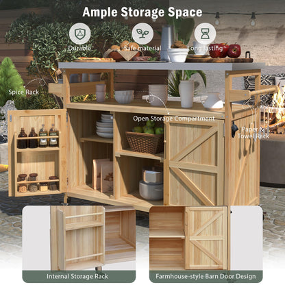 ABBSR Outdoor Grill Cart with Stainless Steel Top, BBQ Grill Prep Table with Cabinet, Wood Rollling Outside Kithen Island with Storage for Outdoor Cooking Garden Patio Backyard Parties(Natural)
