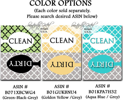 Clean Dirty Dishwasher Magnet Sign, Modern Moroccan Trellis Pattern, Yellow Gold Grey, Housewarming Gift