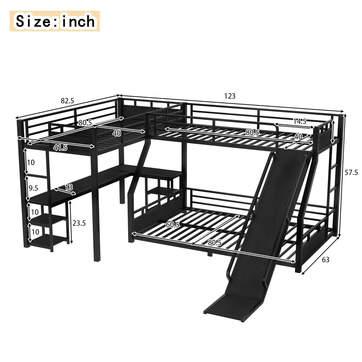 Metal Twin XL Over Queen Bunk Beds with Twin XL Loft Bed, Heavy Duty Triple Bunk Bed Frame with Slide and Desk,L-Shaped Triple Bunk Beds with Storage Shelves for 3 Kids,Black