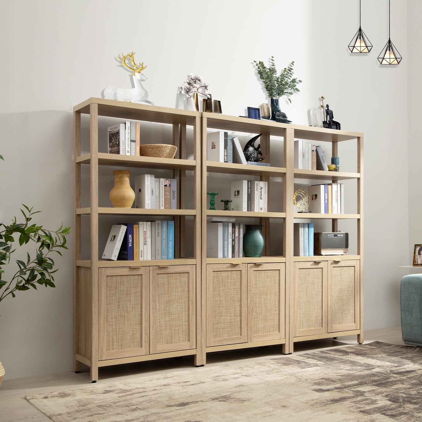 SICOTAS Bookshelf 5 Tier Book Shelf Rattan Boho 71" Tall Bookcase with Doors Storage Shelves Large Bookshelves Farmhouse Bookcases Library Book Case for Living Room Bedroom Home Office Kitchen