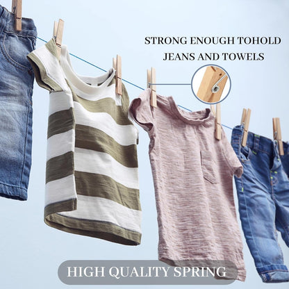 Clothes Pins, 50 Pack, 2.9 in Natural Birchwood, Rust and Moisture Resistant Clothespins with Storage Bag for Hanging