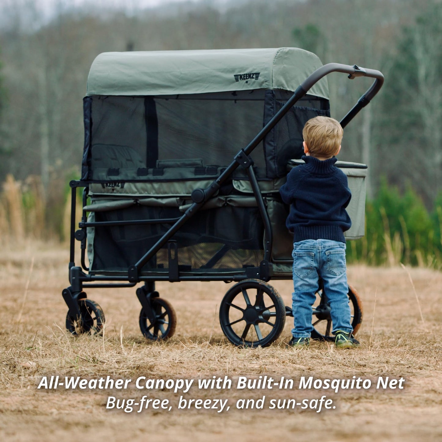 Keenz Viva 2-Passenger Compact Foldable Stroller Wagon with Canopy, Hybrid Push Pull Handle, EVA Wheels, and Storage – Lightweight Stroller Wagon for Toddlers and Kids, Green