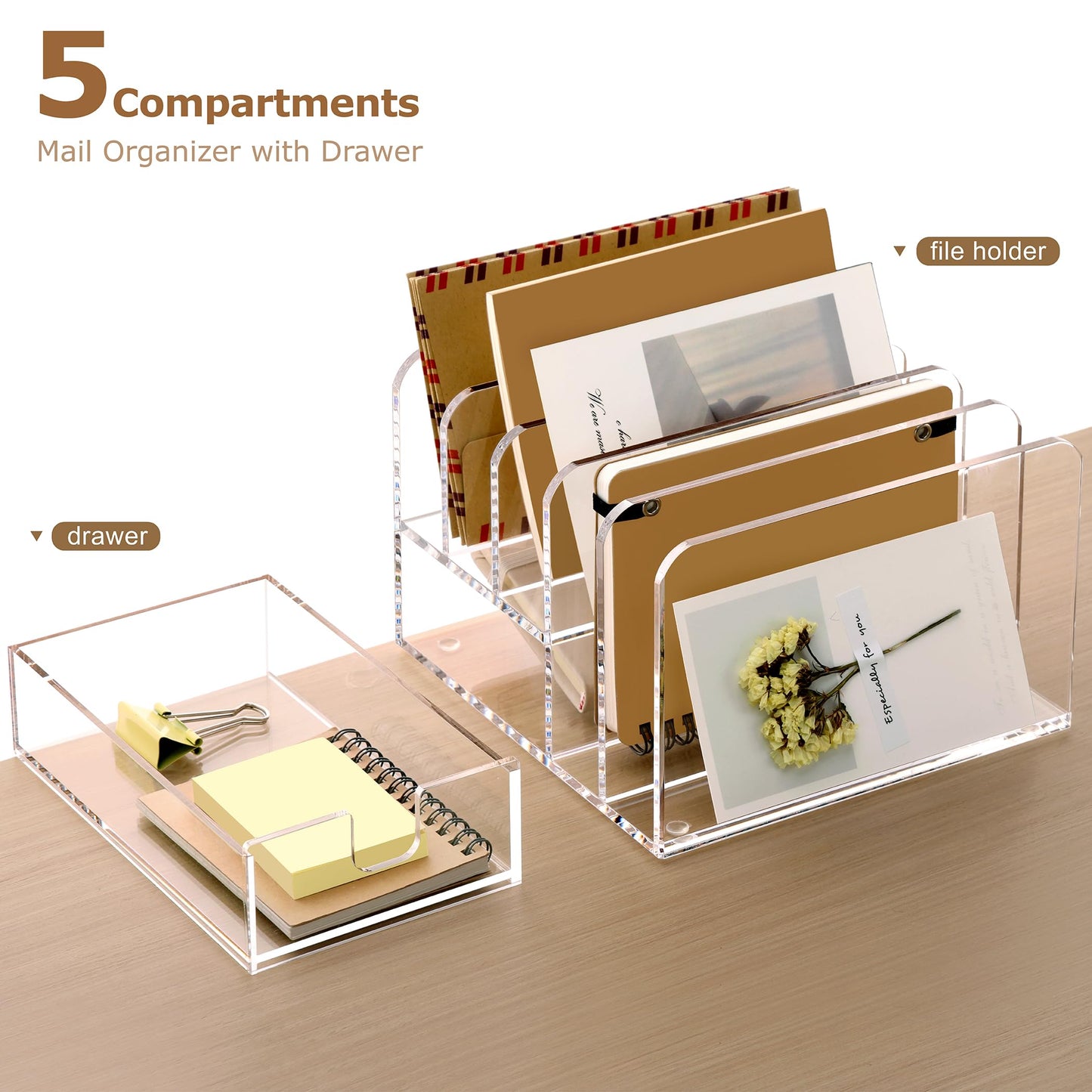 SANRUI Acrylic Mail Sorter Desktop Organizer Holder with Drawer, 5 Compartments Clear Small File Script Letter Document Storage for Desk Bill Filling Envelope Holder Office, Home, School Organization