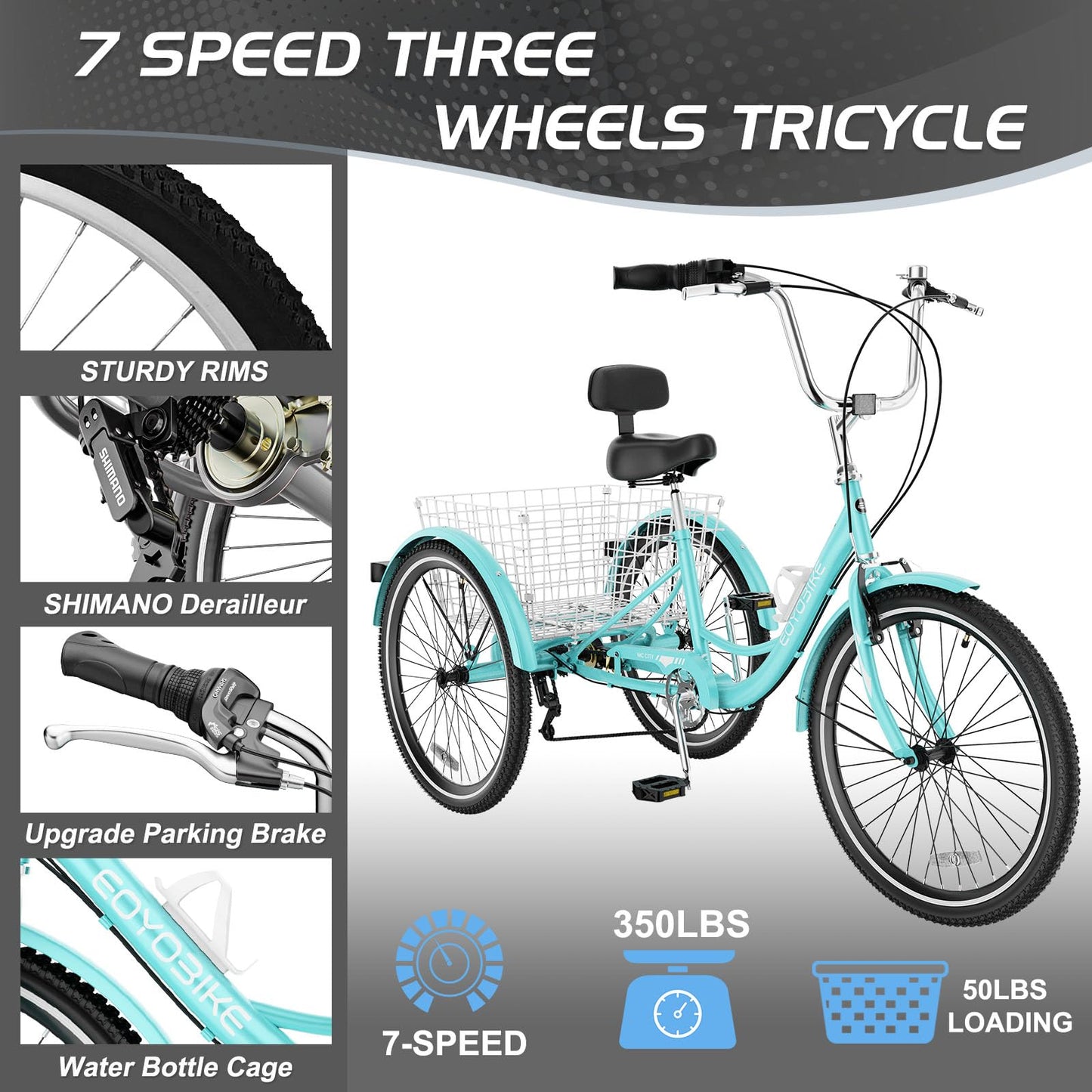 EOYOBIKE Adult Tricycle 3-Wheel Cruiser Bike, Low Step-Through Frame, Large Rear Basket, Heavy-Duty Comfort Bicycle with Adjustable Handlebar & Spring Saddle, 24/26 Inch Wheels for Seniors & Adults