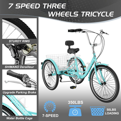 EOYOBIKE Adult Tricycle 3-Wheel Cruiser Bike, Low Step-Through Frame, Large Rear Basket, Heavy-Duty Comfort Bicycle with Adjustable Handlebar & Spring Saddle, 24/26 Inch Wheels for Seniors & Adults
