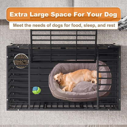 HMHTCT 54 Inch Heavy Duty Dog Crate with Wheels,Indestructible Escape-Proof Dog Kennel with Locking Latch and Double Door,Extra Large XL XXL Crate Indoor for Large and Medium Dog with Removable Tray