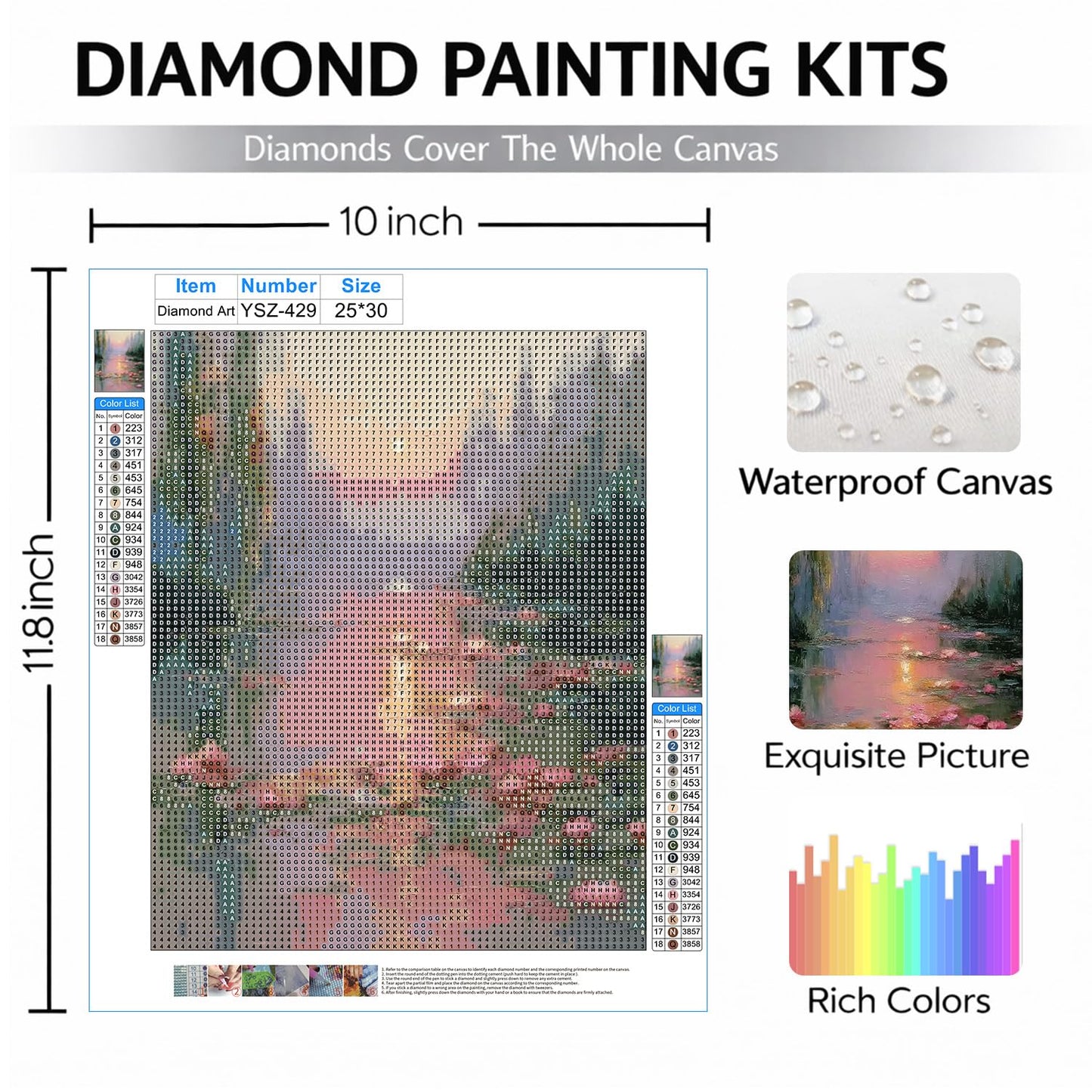 FOPENEM Pink Pastel Sunset Waterlily Landscape Diamond Painting Kit for Adults Beginners 9.8x11.8 Inch, Romantic Impressionist Lotus Flower Pond Gem Diamond Painting Art Kits for Home Wall Decor