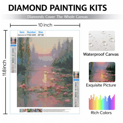 FOPENEM Pink Pastel Sunset Waterlily Landscape Diamond Painting Kit for Adults Beginners 9.8x11.8 Inch, Romantic Impressionist Lotus Flower Pond Gem Diamond Painting Art Kits for Home Wall Decor