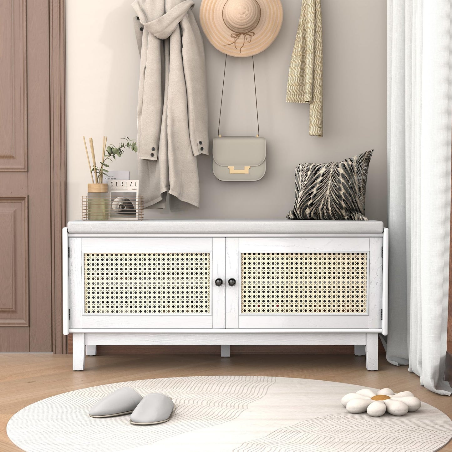 GDFStudio Boho Rattan Shoe Storage Bench with Cushion, Wooden Shoe Organizer with 2 Doors, 3-Level Adjustable Shelves, Entryway Shoes Cabinet for Hallway Bedroom Living Room, Espresso+Beige