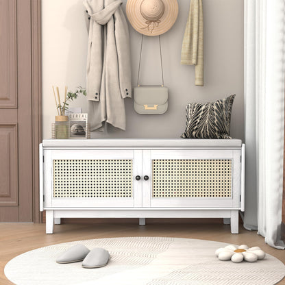 GDFStudio Boho Rattan Shoe Storage Bench with Cushion, Wooden Shoe Organizer with 2 Doors, 3-Level Adjustable Shelves, Entryway Shoes Cabinet for Hallway Bedroom Living Room, Espresso+Beige