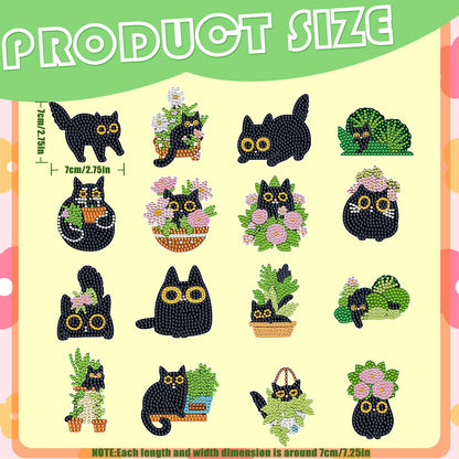 Gamteldot 16Pcs Diamond Art Magnets Kits-5D Small Diamond Art Kits for Adults Beginners,DIY Gem Art Painting Kits with Full Tools,Rhinestone Refrigerator Gem Crafts for Decor Gift -Black Cat