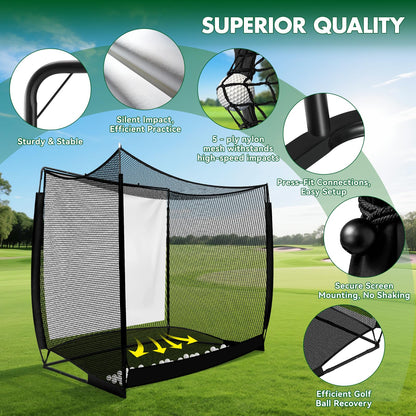 10x8FT Golf Practice Net with 2 Net Side Barriers Outdoor Indoor Golfs Hitting Net with HD Impact Screen Kit for Backyard Home Easy Set up Golf Training for Garage