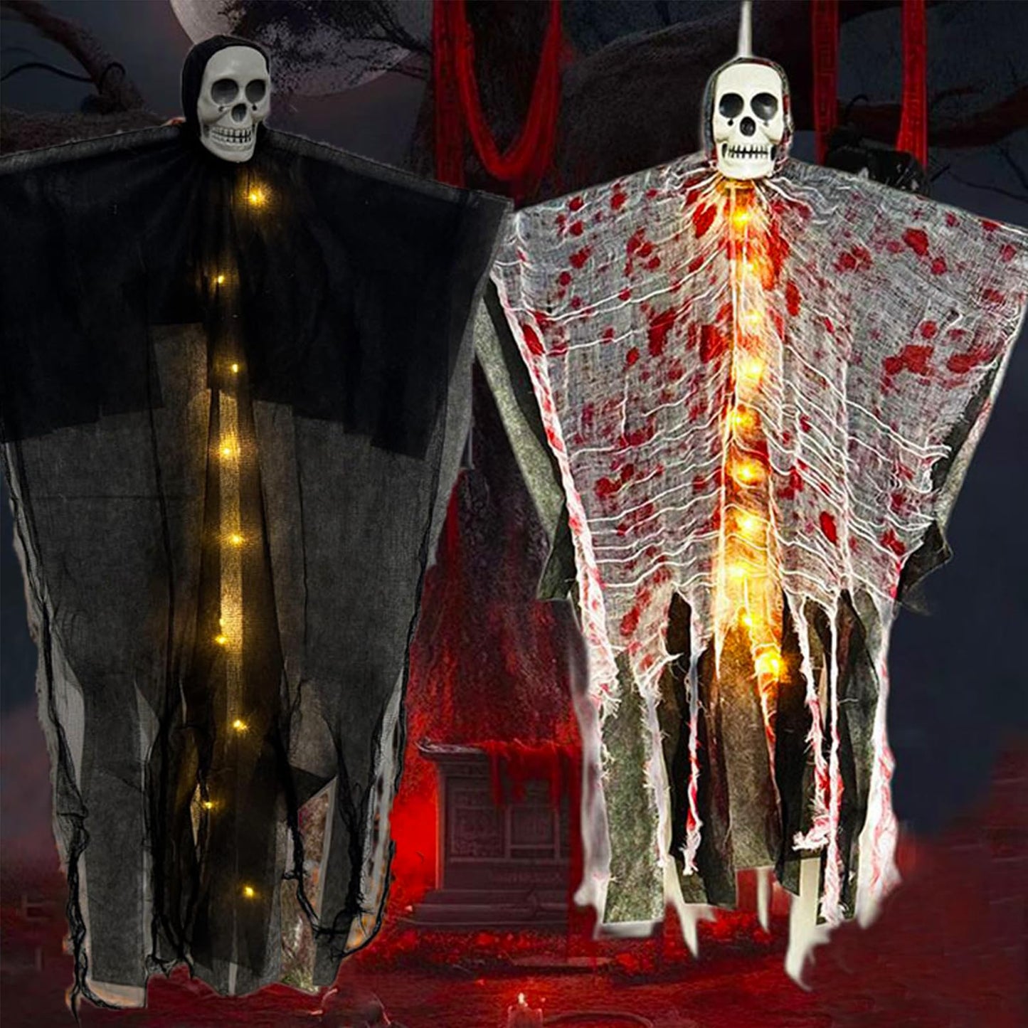 36" Halloween Hanging Ghost Decorations Outdoor, 2Pack Halloween Scary Flying Skeleton Ghost Decor for Haunted House Party Outside Indoor