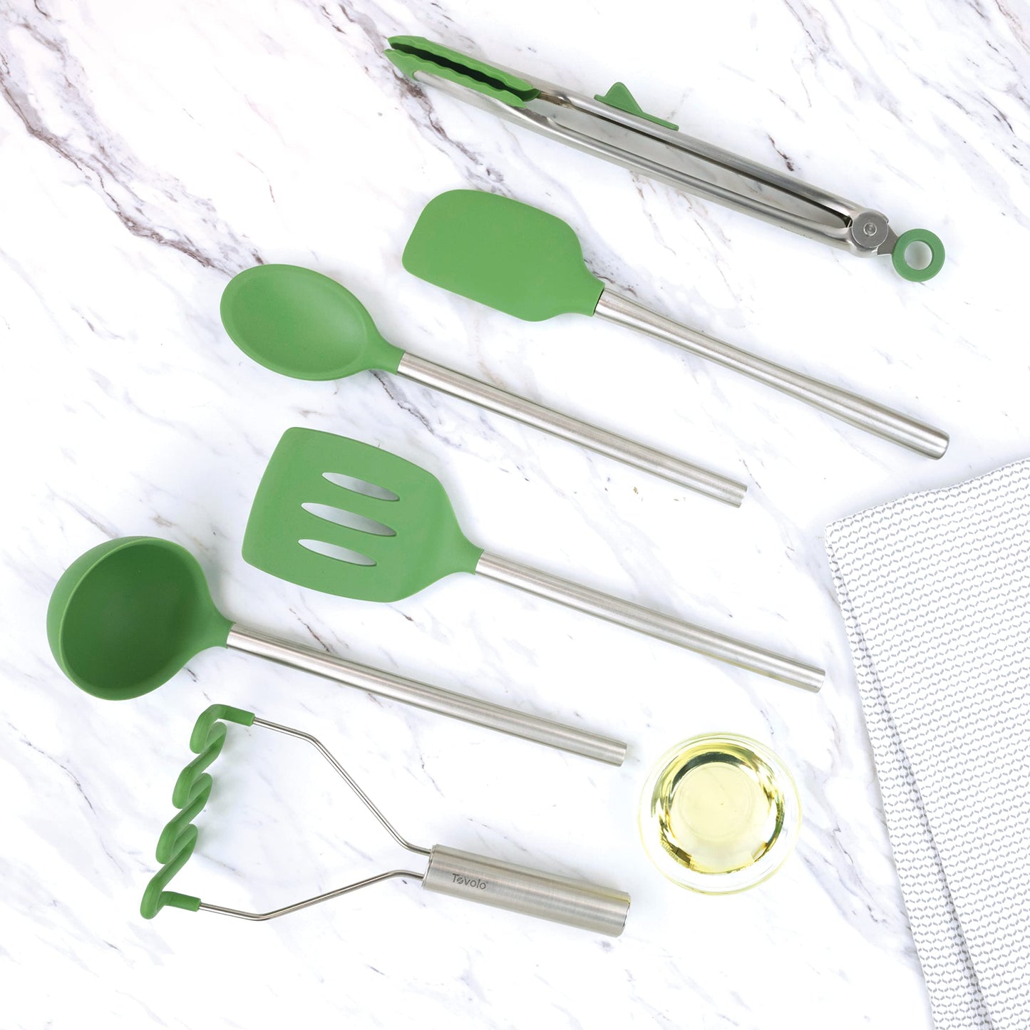 Tovolo Silicone Cooking Utensil Set of 6 Stainless Steel Handle Ladle Slotted Turner Tongs Flex Core Spatula Scraper Mixing Spoon & Potato Masher, Dishwasher Safe BPA Free Utensils, Pesto Green