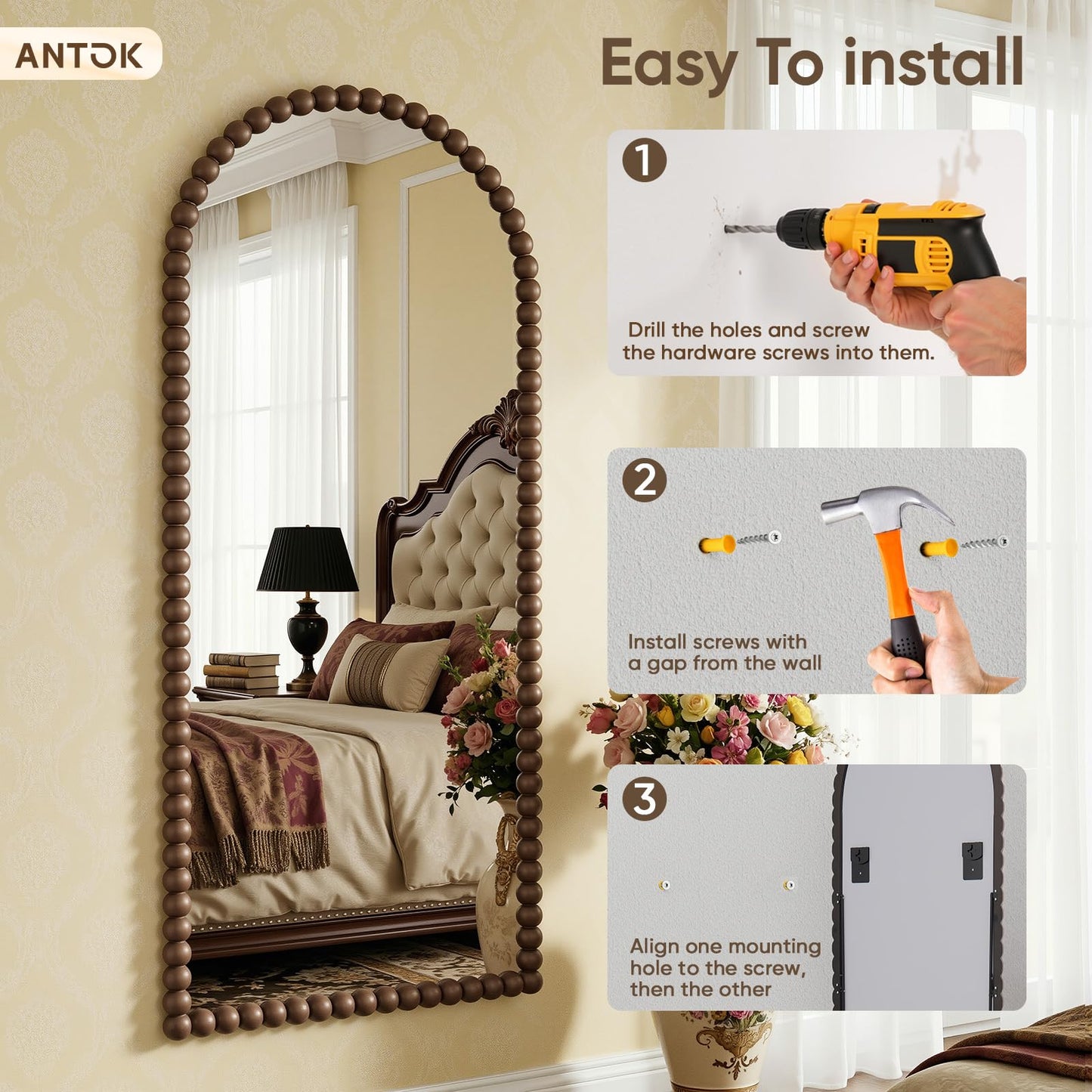 Antok 71" x 28" Arched Full Length Mirror, Antique Beaded Frame Floor Standing or Wall Mounted Mirror with Stand for Bedroom, Entryway, Brown, Luxury Style