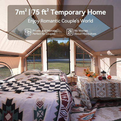 Romantic Camp Inflatable Camping Tent with Pump,4-6 Person Waterproof Blow Up Air Tent for Camping Hiking,Easy to Set Up 4-Season Inflatable House Tent with Oversized Canopy(75FT²).