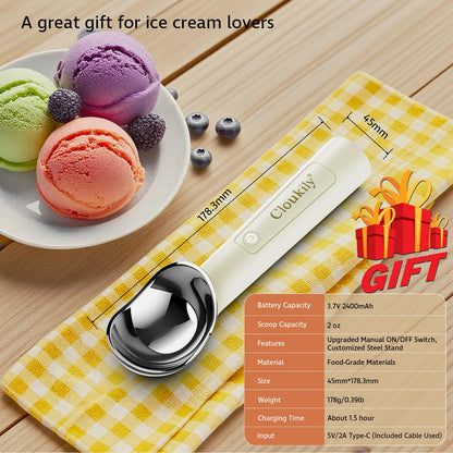 Cloukily Heated Ice Cream Scoop with ON/OFF Switch(Latest Gen 3.0): Rechargeable Electric Icecream Scooper with Holder,2025 Kitchen Gadgets for Hard Ice Cream, Waterproof IP67,Max to 158℉