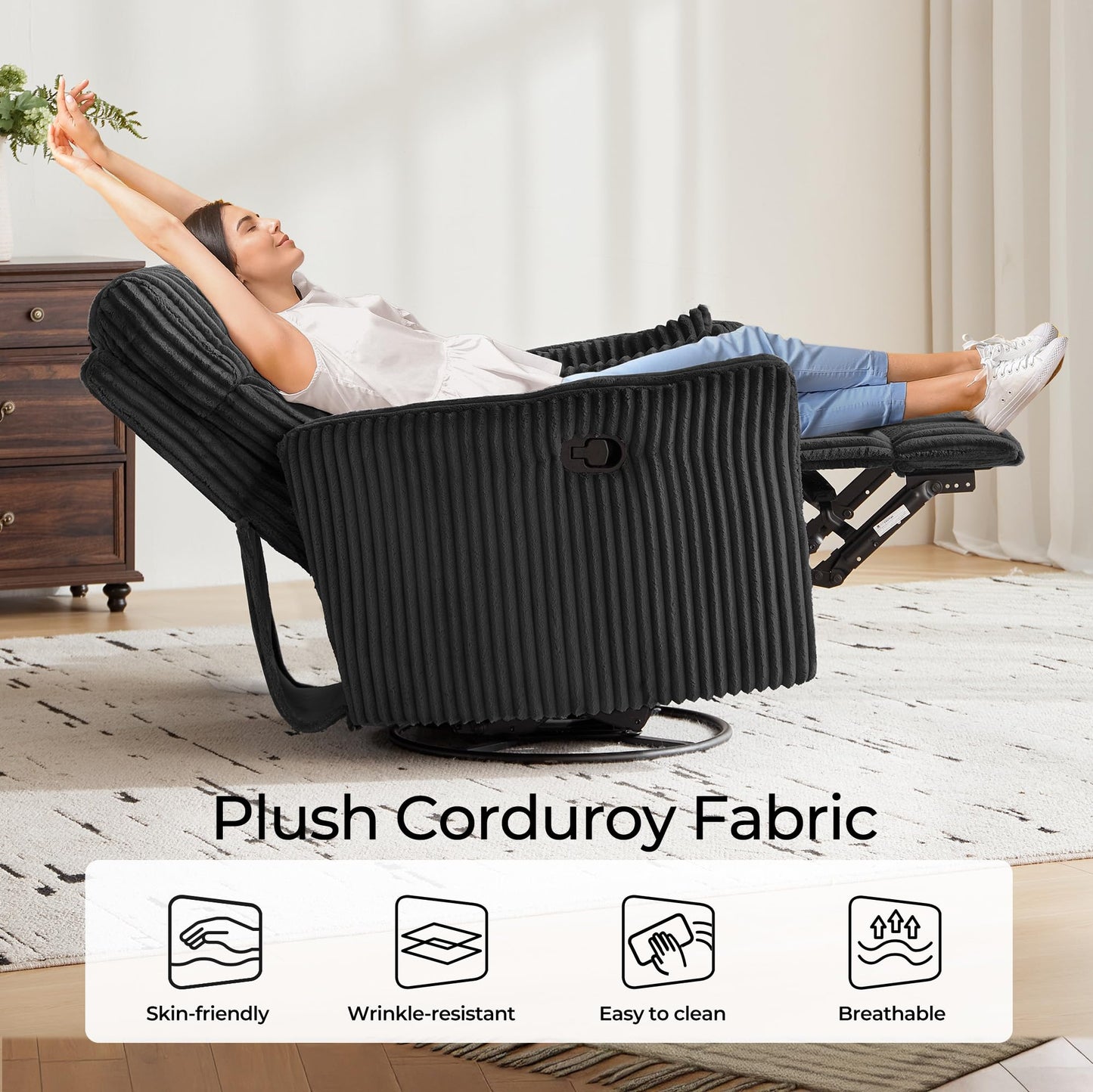 LINSY 360 Swivel Recliner Chair, Nursery Glider Rocking Chair with 2 Pillows, Corduroy Nursing Chair Comfy High Back Adult Rocker Recliner for Small Spaces, Nursery Bedroom Living Room (Black)