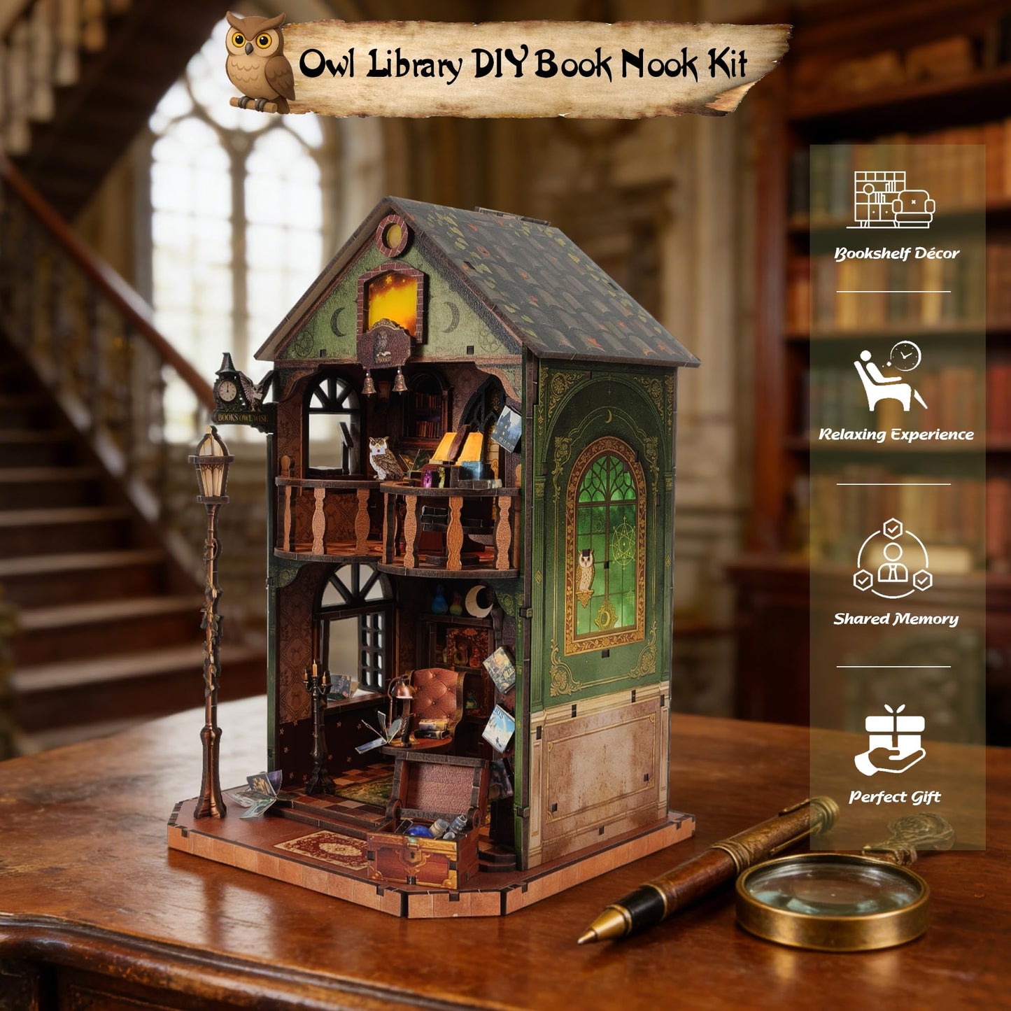 DIY Book Nook Kit | Miniature House Kit with LED Lights | 3D Wooden Puzzles for Adults & Teens | Creative Model Building Kit | Unique Bookshelf Decor & Gift for Craft Lovers | Owl Library