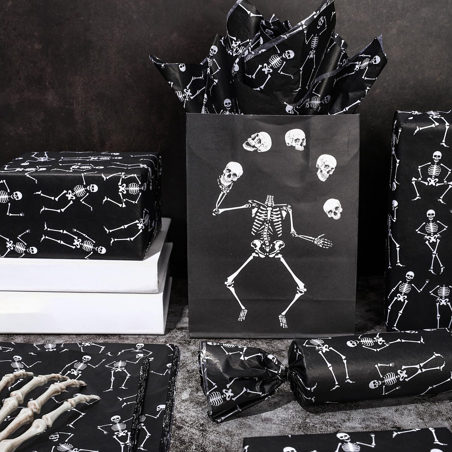 Whaline 100 Sheets Halloween Tissue Paper Dancing Skeleton Gift Wrapping Paper Black White DIY Art Craft Paper for Halloween Birthday Holiday Party Supplies, 13.7 x 19.6 Inch