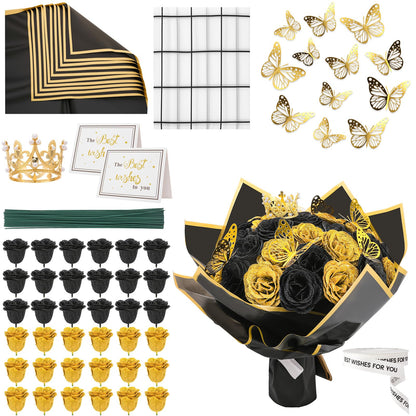 Ovveroche 36 PCS Glitter Roses Bouquet Kit, Black, Gold Sparkling Flower Arrangement with Stems, Butterflies, Crown, Wrapping Paper, Card, Ribbon for Wedding, Graduate, Birthday, DIY Crafts