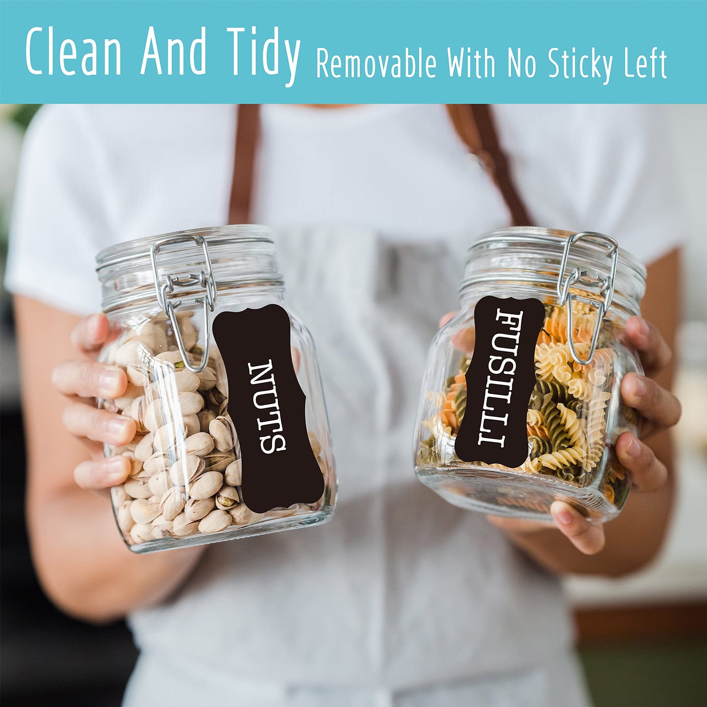 Hebayy 308 Pantry Food Labels, 280 Preprinted Flour Pasta Lentil Grain Condiment Oil Stickers, 28 Blank Ones, Waterproof Oil&Tear Resistant, No Residue for Kitchen Containers Jars(White on Black)