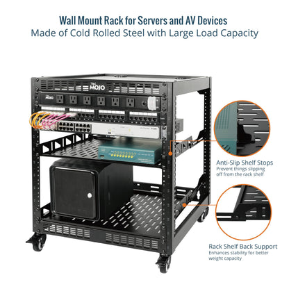 TECMOJO 12U Open Frame Network Rack for IT & AV Gear, 4-Post With Casters, Mobile With 2 PCS 1U Server Shelf & Mounting Hardware, for 19" Network, Audio and Video Device