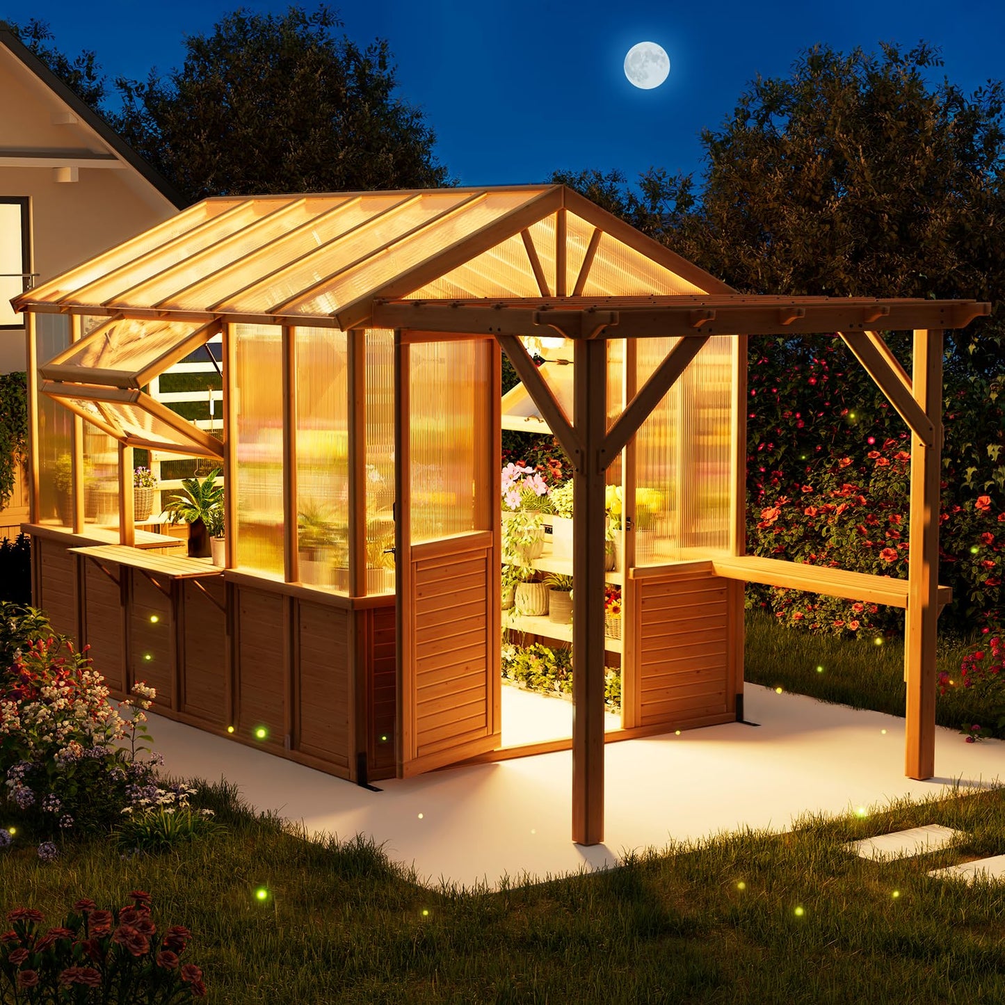 EROMMY 7x16 FT Spruce Wood Greenhouse with Pergola, Large Walk-in Polycarbonate Greenhouse Kit with Top-Hung Windows, Built-in Workstation and Staging Shelves for Backyard Garden