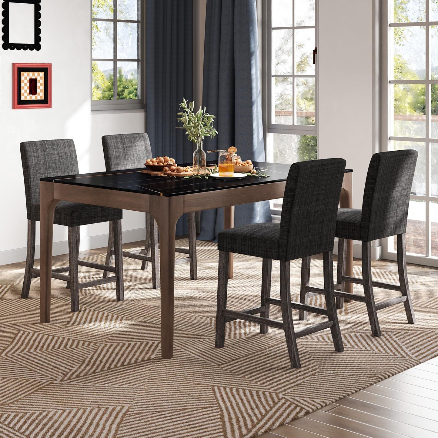 ERGOMASTER Counter Height Bar Stools Set of 6, 24.5'' Fabric Upholstered Barstools Mid Century Modern Island Bar Chairs with Back for Kitchen, Dining Room, Bar, Restaurant, Charcoal Grey