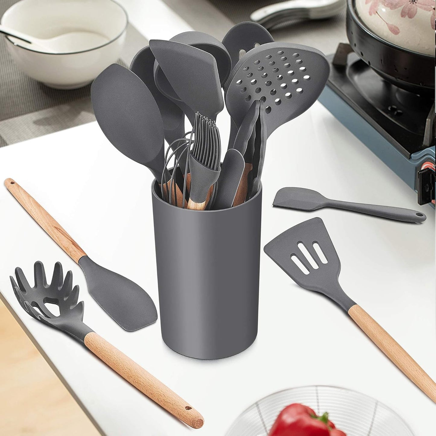 LIANYU 15-Piece Kitchen Silicone Cooking Utensils Set with Holder, Wooden Handle Tools in Black Gray