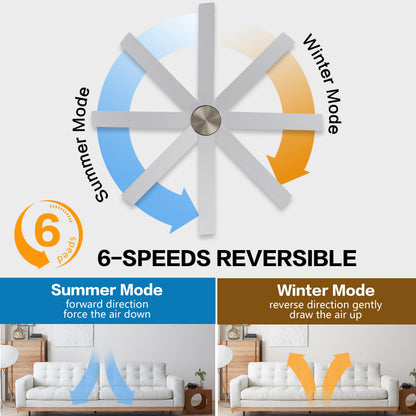 WINGBO 60" Large DC Ceiling Fans without Lights, 3 Downrods, 8 Plywood Blades, 6-Speeds Reversible DC Motor, Indoor Ceiling Fan No Lights for Bedroom Living Room Patio, Brushed Nickel and Silver