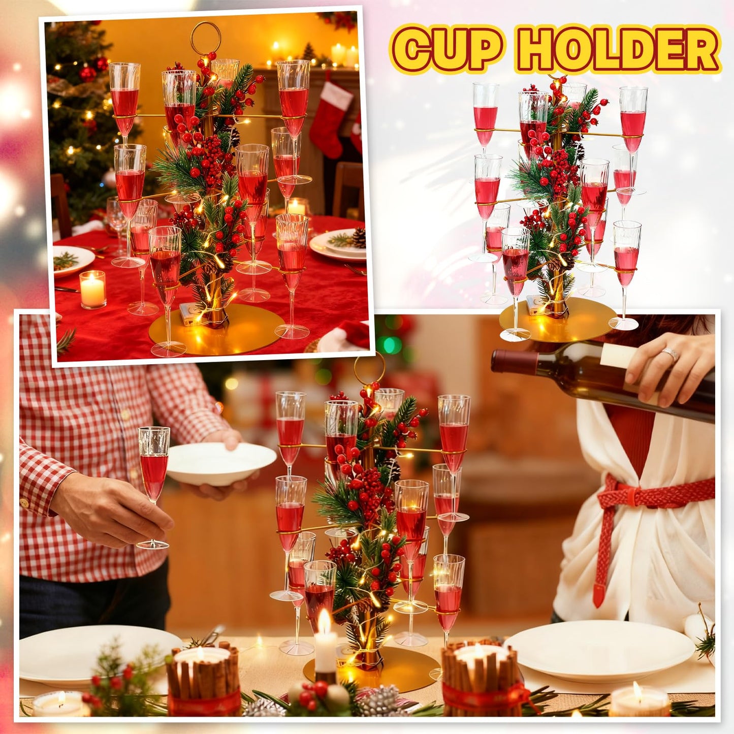 Acellegic 3 Tiers Christmas Gold Cocktail Tree Stand with 12 Holders 12 Pcs 10 oz Wine Glass Light Tree Drink Holder Display Tower with Pinecone Branch for Party Champagne Bar Bridal Shower Wedding
