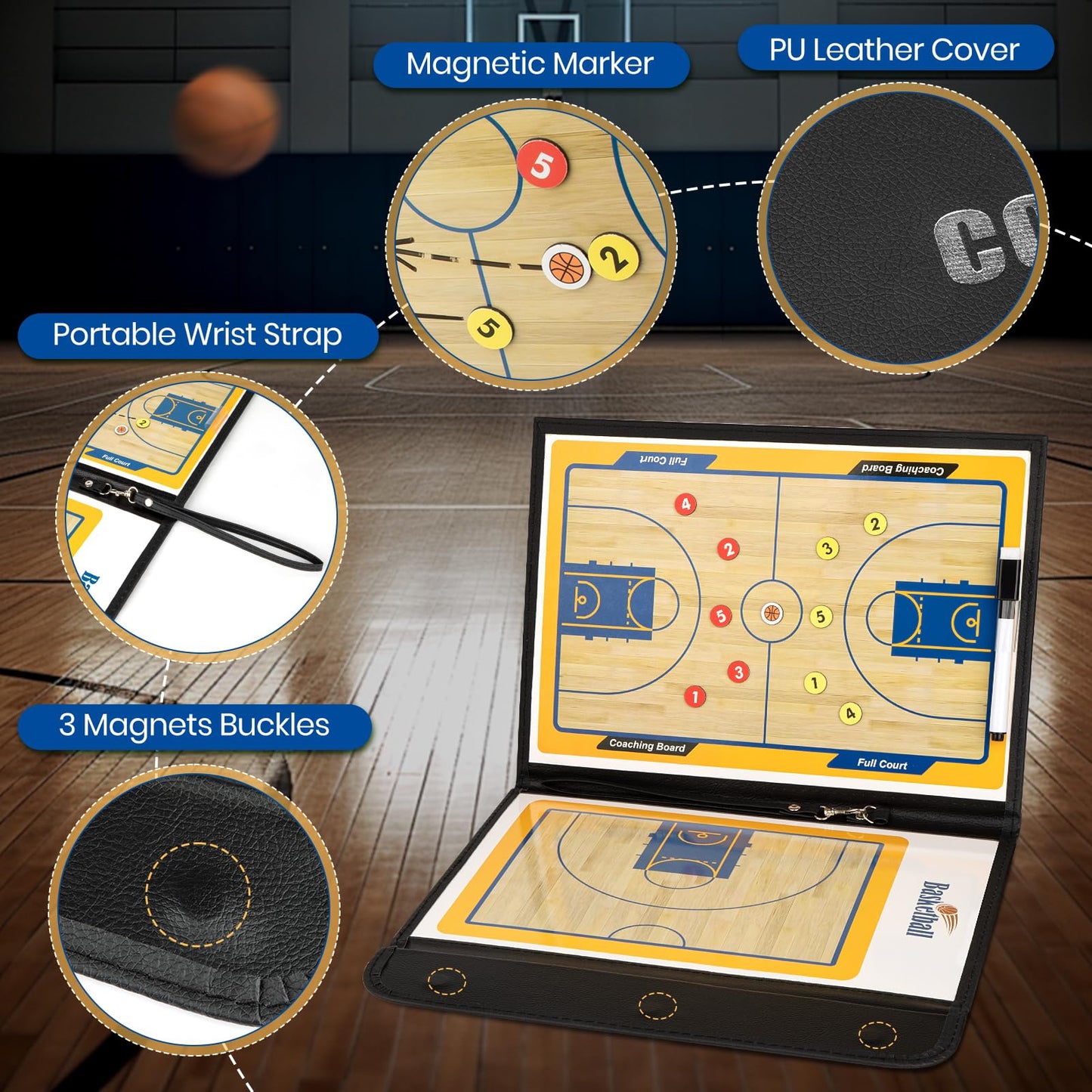 Foldable Basketball Coaching Board, Magnetic Tactics Clipboard with Dry Erase Marker and Magnetic Markers, Portable Lightweight Strategy Board for Coaches Training and Matches, Great Gift for Coach